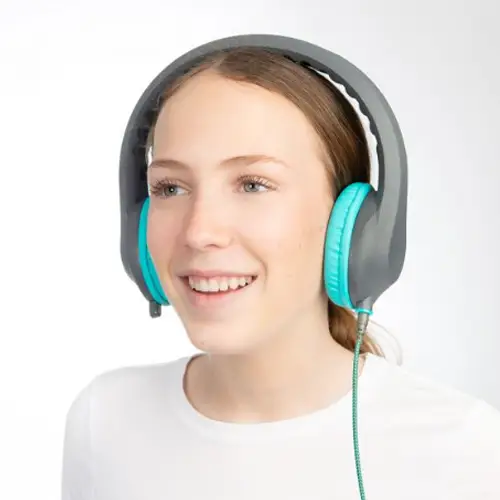 Child wearing durable classroom headphones